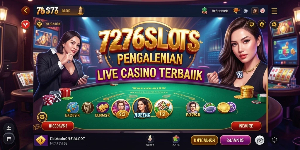 Screenshot gameplay 7276SLOTS menampilkan dealer langsung dan suasana kasino yang menarik.