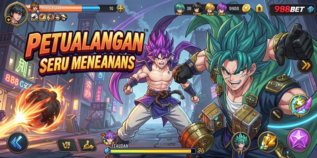 Tampilan gameplay 988BET yang penuh aksi dan karakter anime.