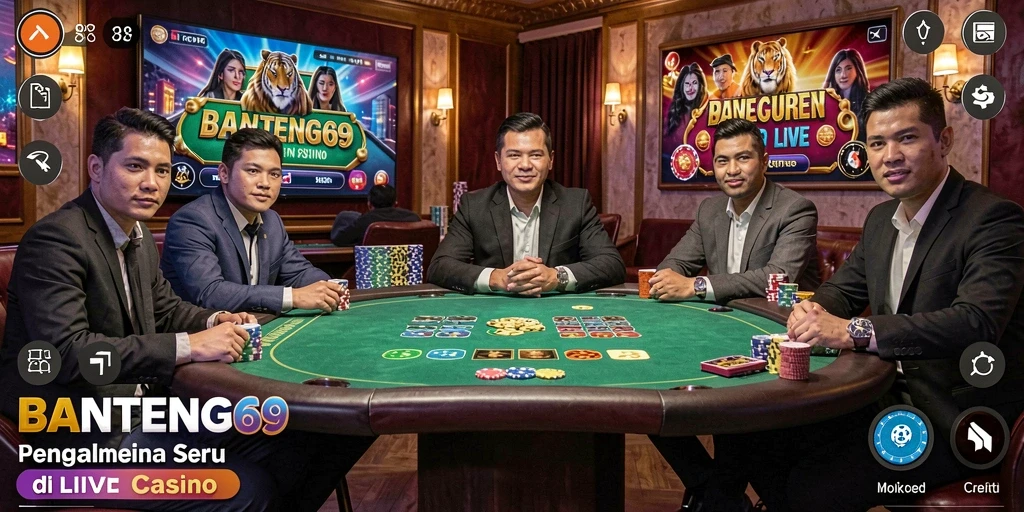 Screenshot BANTENG69 menunjukkan dealer langsung dalam permainan kasino yang seru.