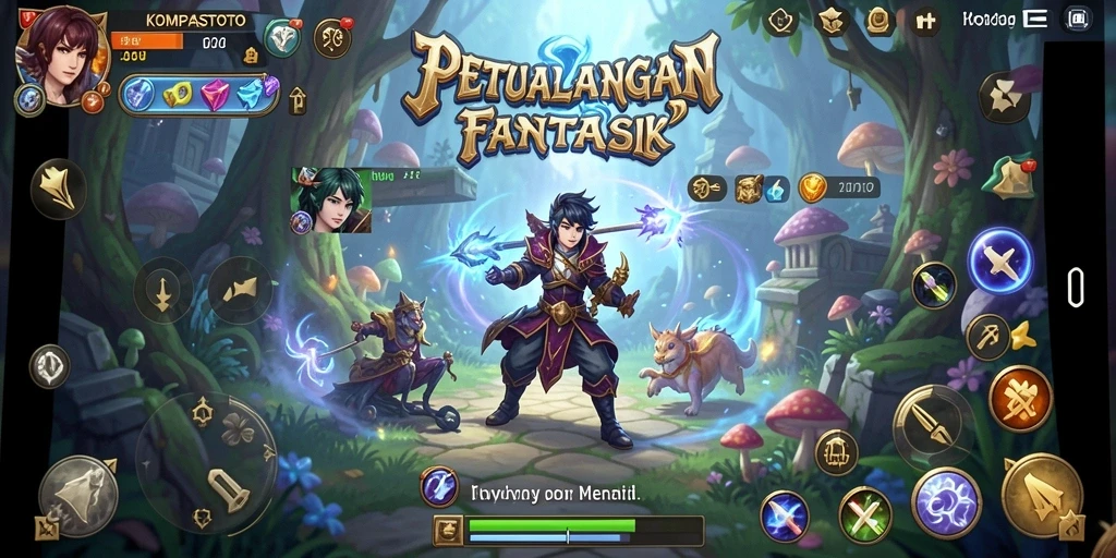 Screenshot utama KOMPASTOTO menampilkan aksi pertarungan seru di dalam dunia RPG.